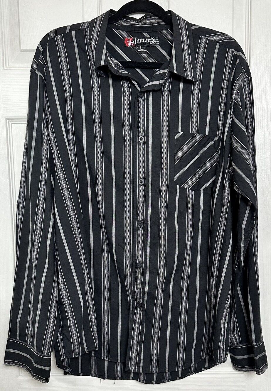 Infamous Men's Black Gray Shirt Button Down Long Sleeve Collared Size Large #620